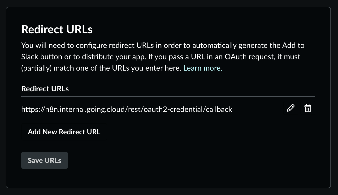 Redirect URL 填回 Slack app（在 OAuth & Permissions 下面）
